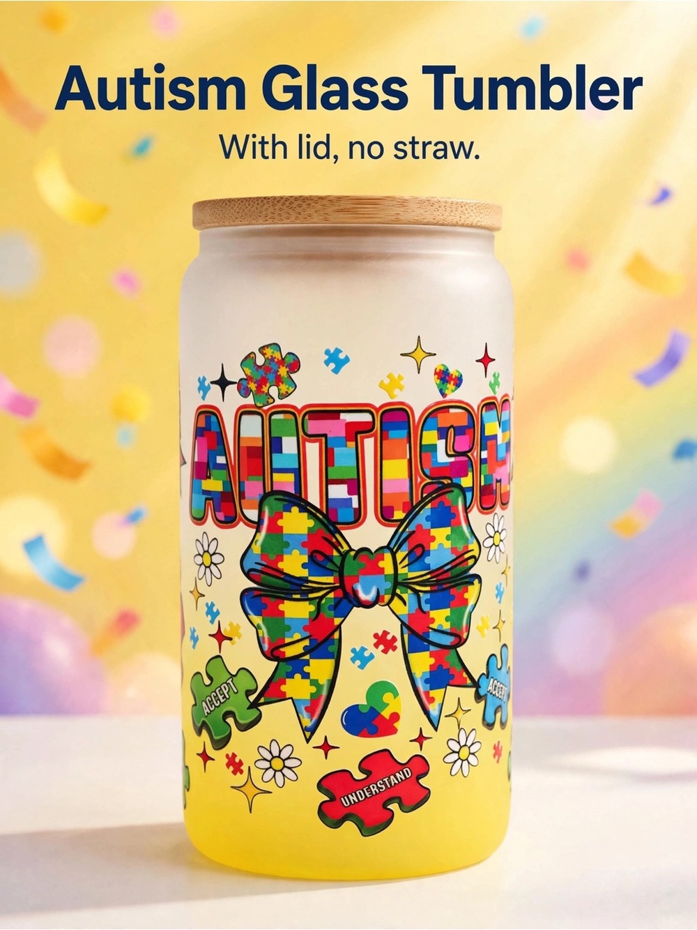 Autism Awareness Glass Tumbler with Wooden Lid - Yellow Puzzle Design